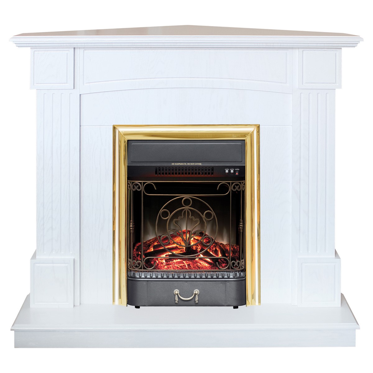 Электрокамин RealFlame Andrea Corner WT фактурный белый с очагом Majestic Lux Brass