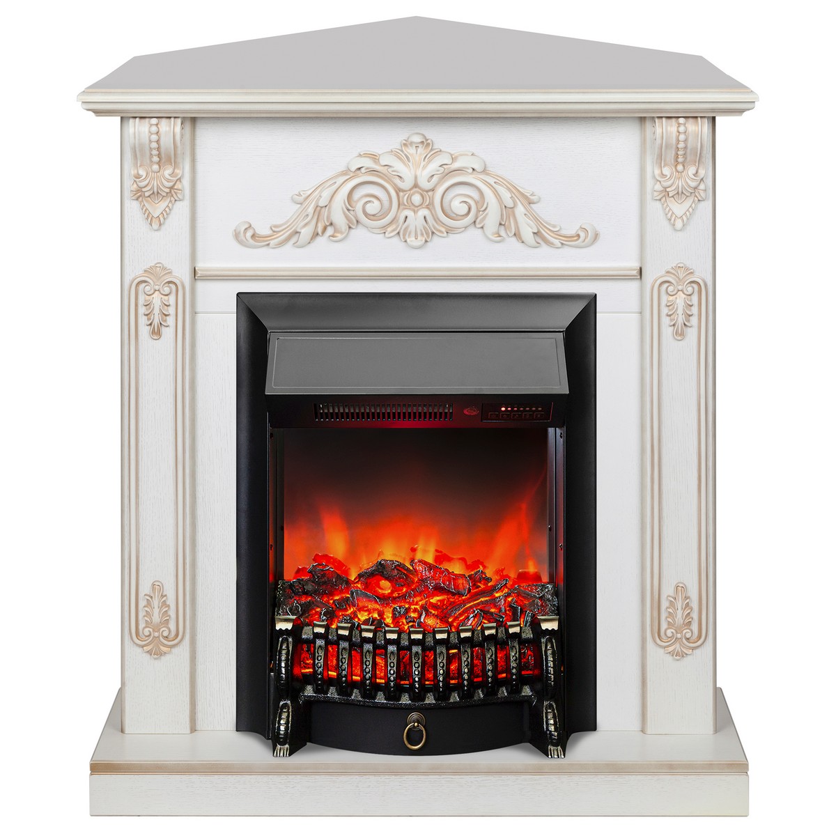 Электрокамин RealFlame Anita Corner WT дуб белый с золотой патиной с очагом Fobos Lux Black RC