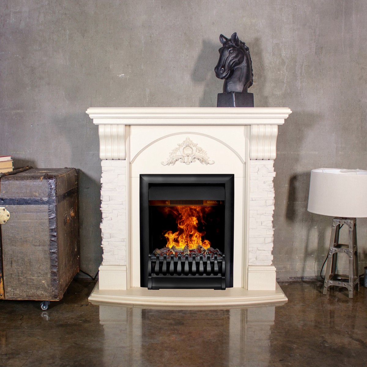 Электрокамин RealFlame Athena WT белый дуб с золотой патиной с очагом 3D Oregan