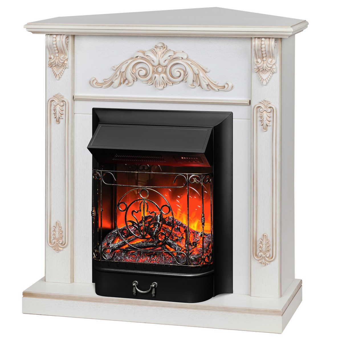 Электрокамин RealFlame Anita Corner WT дуб белый с золотой патиной с очагом Majestic Lux Black RC